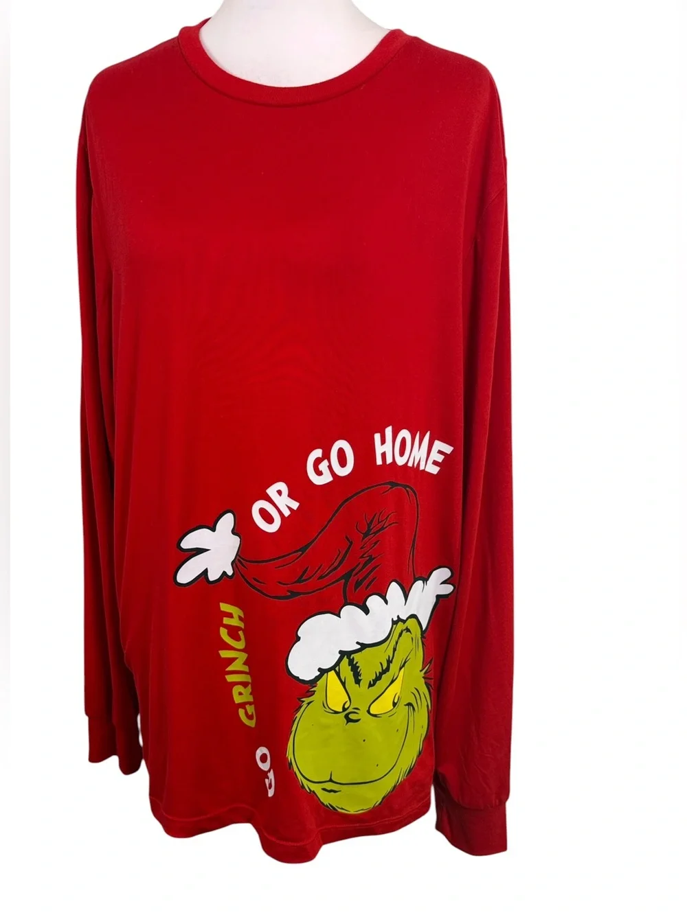 The Grinch Dr. Seuss Go Grinch or Go Home Red Christmas Top M
